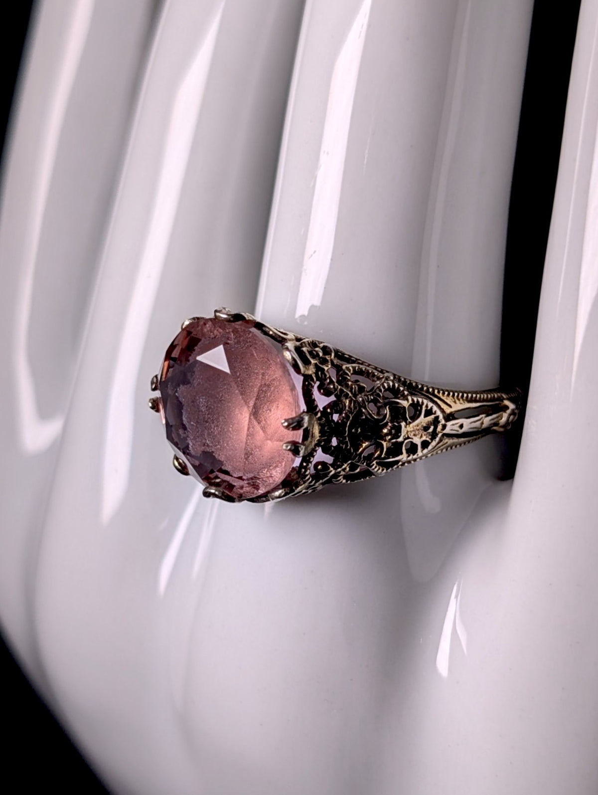 Vintage Art Deco Inspired Samuel Benham Round Cut Alexandrite Glass Antique Gold over Sterling Ring