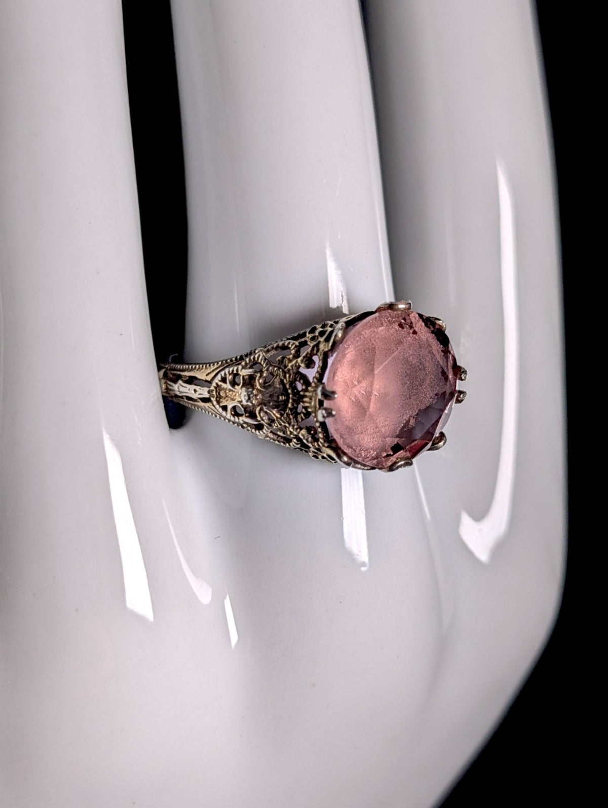 Vintage Art Deco Inspired Samuel Benham Round Cut Alexandrite Glass Antique Gold over Sterling Ring