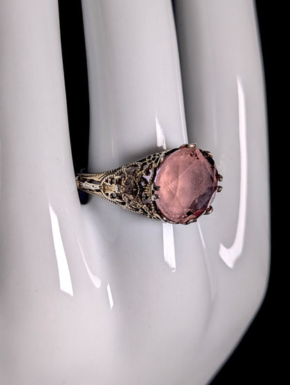Vintage Art Deco Inspired Samuel Benham Round Cut Alexandrite Glass Antique Gold over Sterling Ring