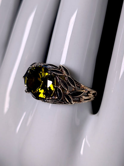 Vintage Large Genuine Sphene Solitaire Antique Gold over Sterling Ring