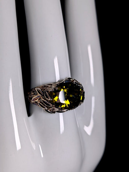 Vintage Large Genuine Sphene Solitaire Antique Gold over Sterling Ring