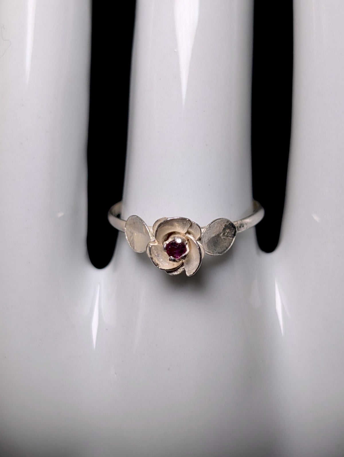 Vintage Dainty Genuine Ruby Solitaire Flower Sterling Silver Stackable Ring