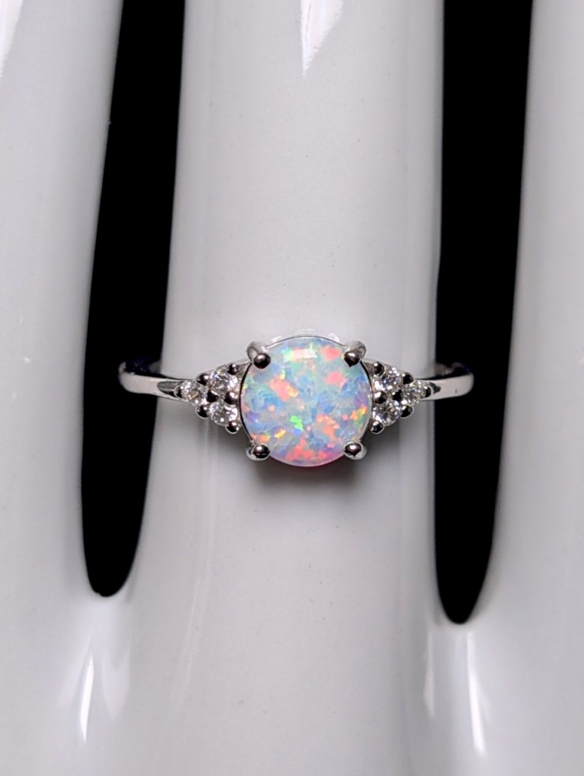 Vintage Dainty Genuine Opal Solitaire and Simulated Diamond Sterling Silver Ring