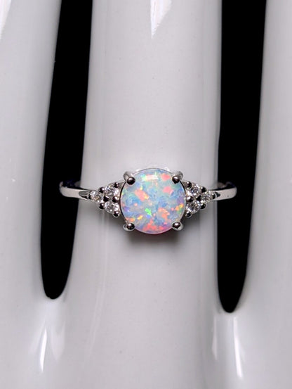 Vintage Dainty Genuine Opal Solitaire and Simulated Diamond Sterling Silver Ring