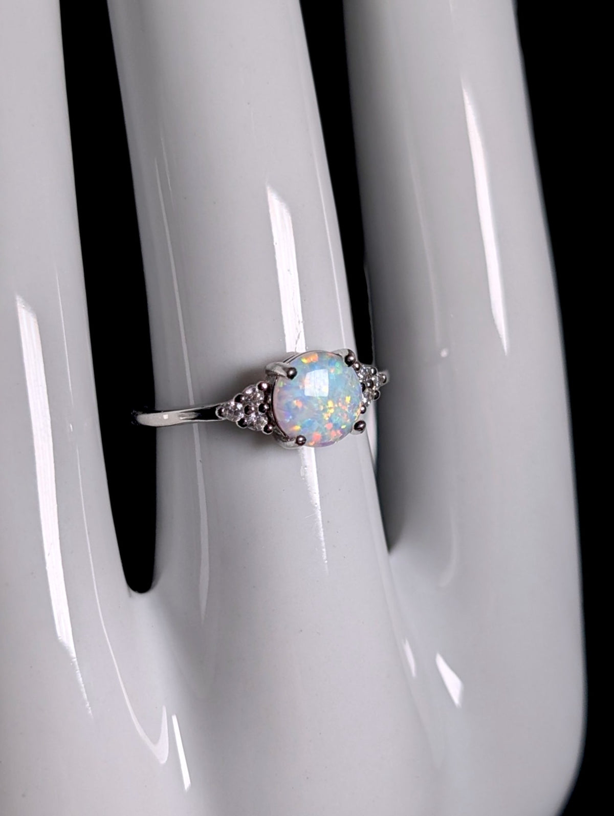 Vintage Dainty Genuine Opal Solitaire and Simulated Diamond Sterling Silver Ring