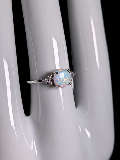 Vintage Dainty Genuine Opal Solitaire and Simulated Diamond Sterling Silver Ring