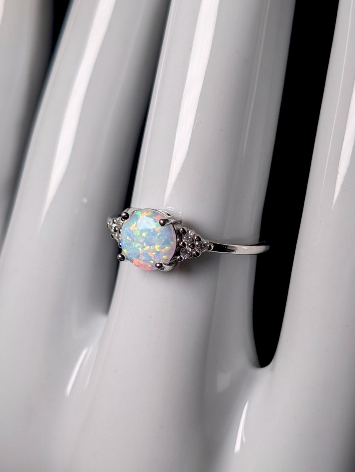 Vintage Dainty Genuine Opal Solitaire and Simulated Diamond Sterling Silver Ring