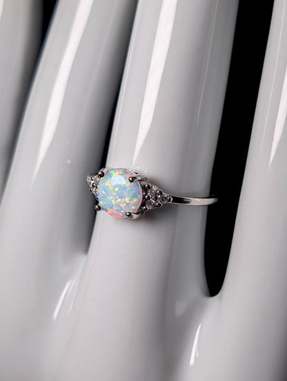 Vintage Dainty Genuine Opal Solitaire and Simulated Diamond Sterling Silver Ring