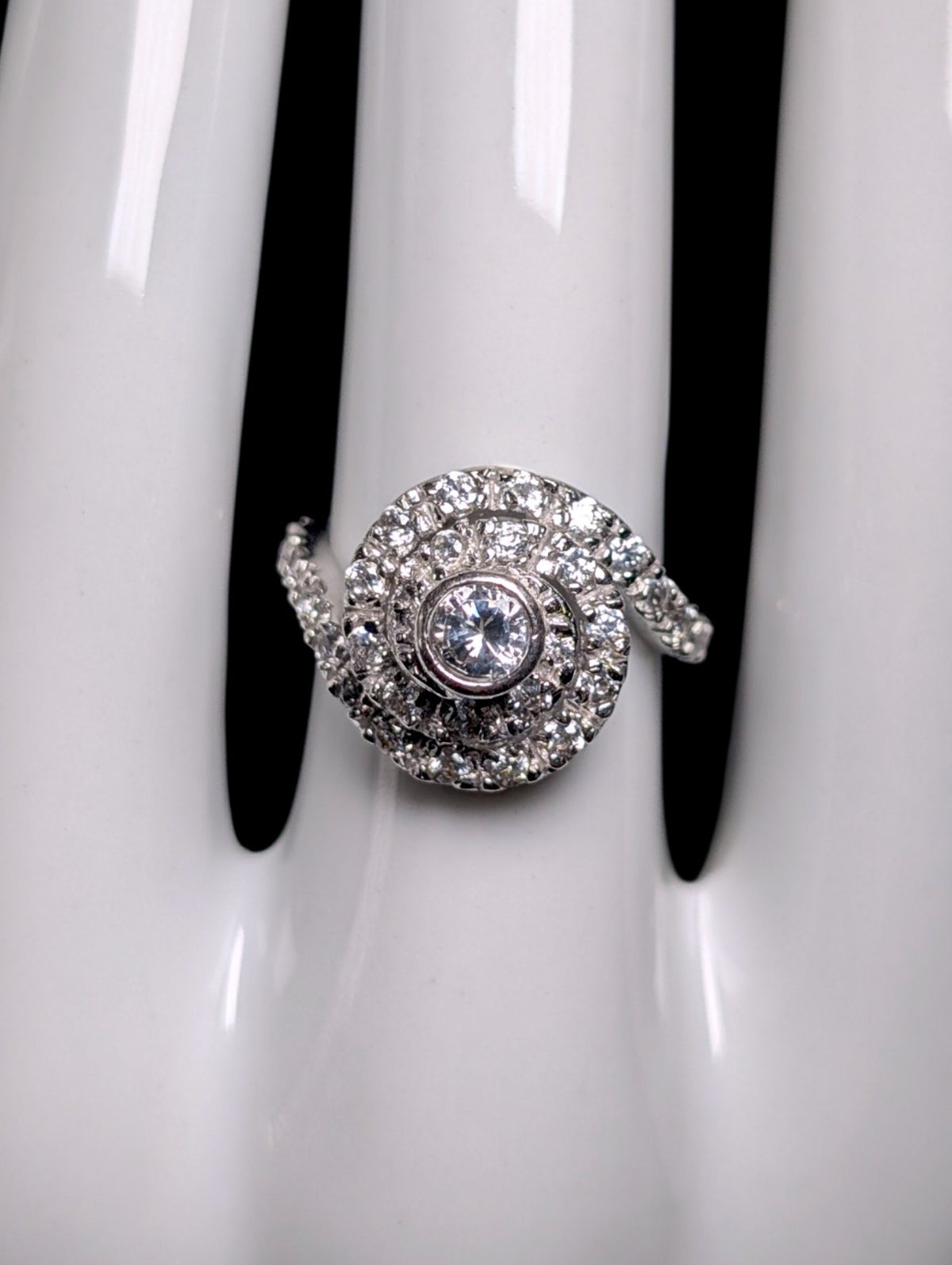 Vintage Mid-Century Inspired Simulated Diamond Sterling Silver Spiral Vacation Ring