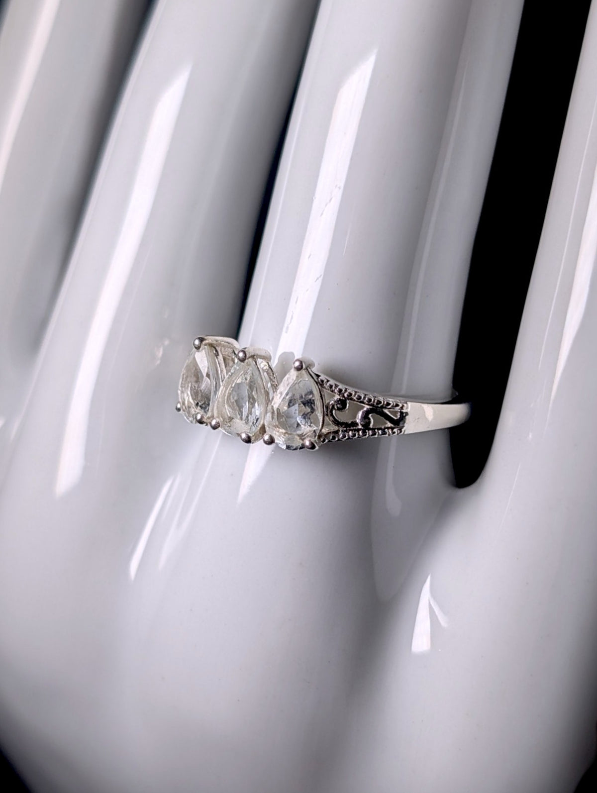 Vintage 3 Stone Pear Cut Genuine Aquamarine Sterling Silver Band Ring