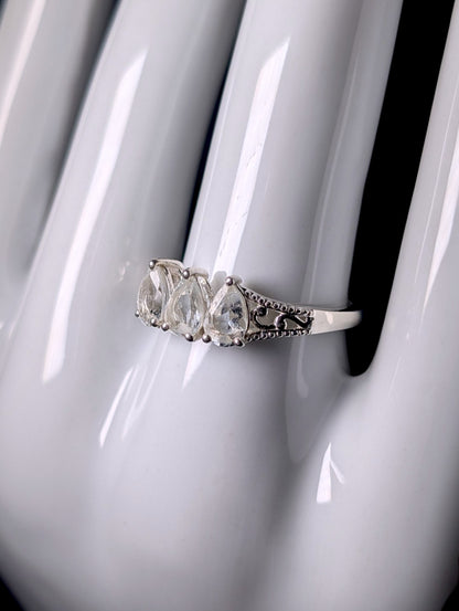 Vintage 3 Stone Pear Cut Genuine Aquamarine Sterling Silver Band Ring