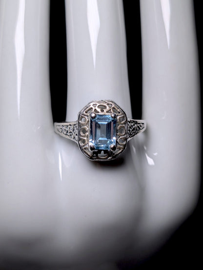 Vintage Emerald Cut Genuine Blue Topaz Solitaire with Filigree Sterling Silver Ring
