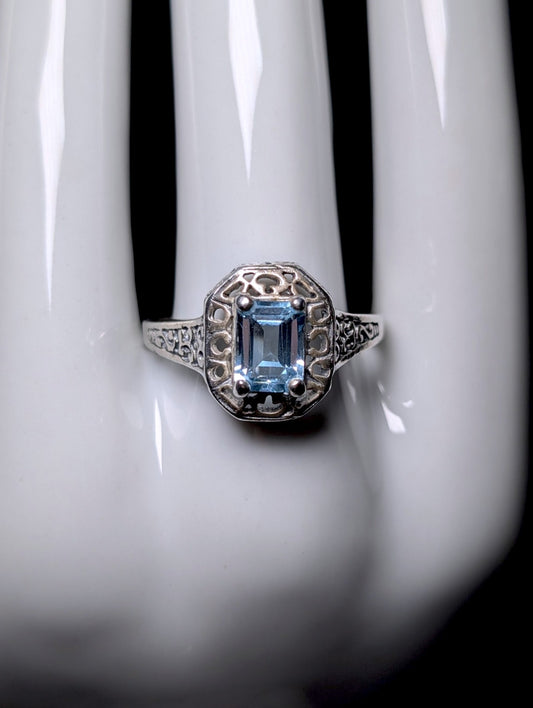 Vintage Emerald Cut Genuine Blue Topaz Solitaire with Filigree Sterling Silver Ring