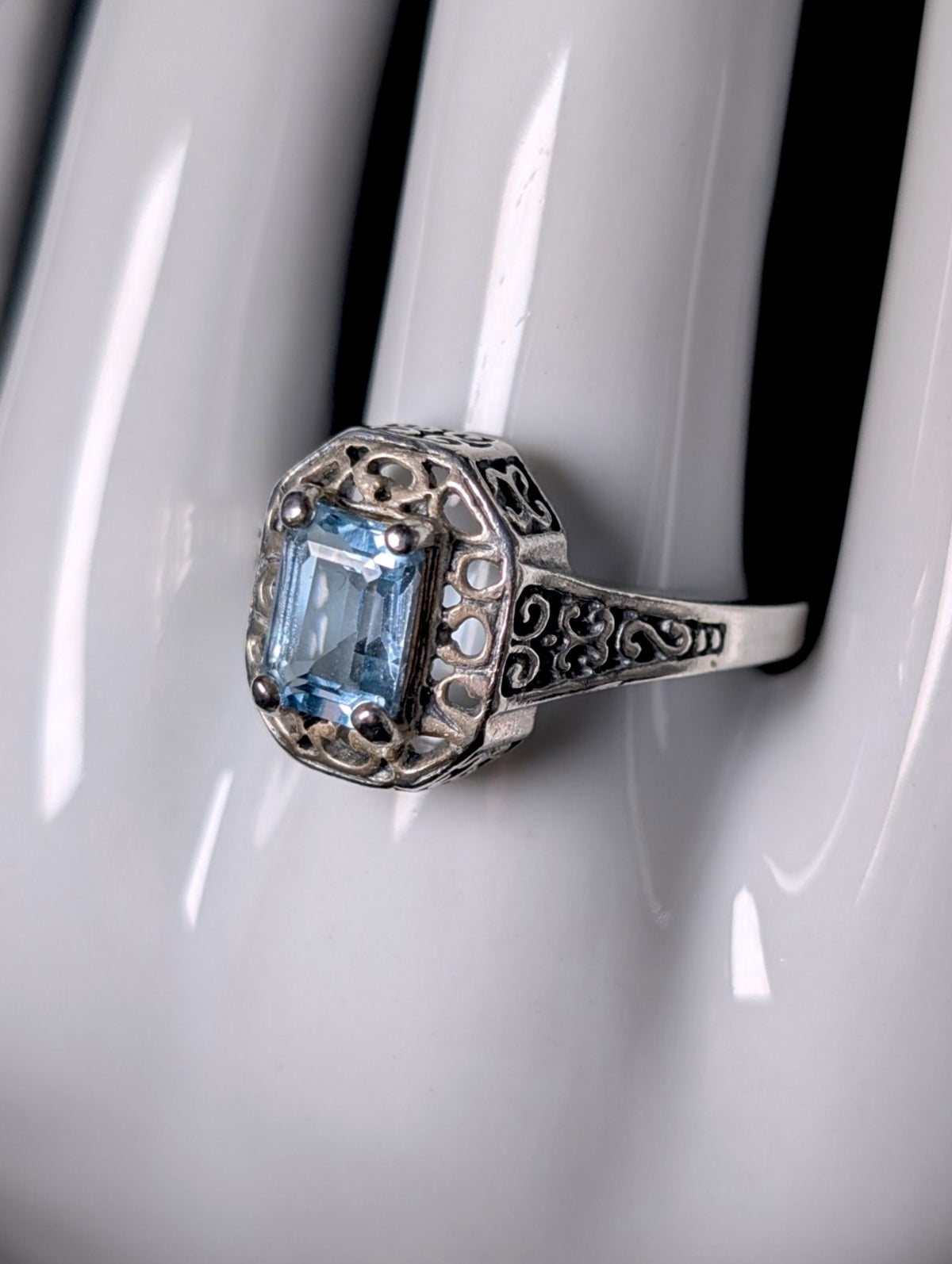 Vintage Emerald Cut Genuine Blue Topaz Solitaire with Filigree Sterling Silver Ring