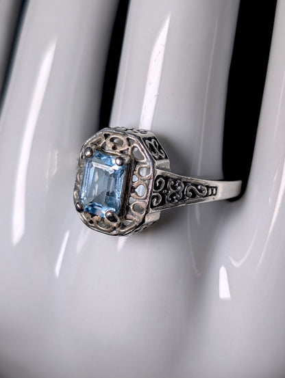 Vintage Emerald Cut Genuine Blue Topaz Solitaire with Filigree Sterling Silver Ring