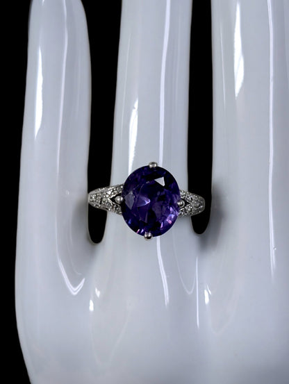 Vintage 6 Carat Oval Cut Genuine Purple Alexandrite Solitaire Sterling Silver Ring