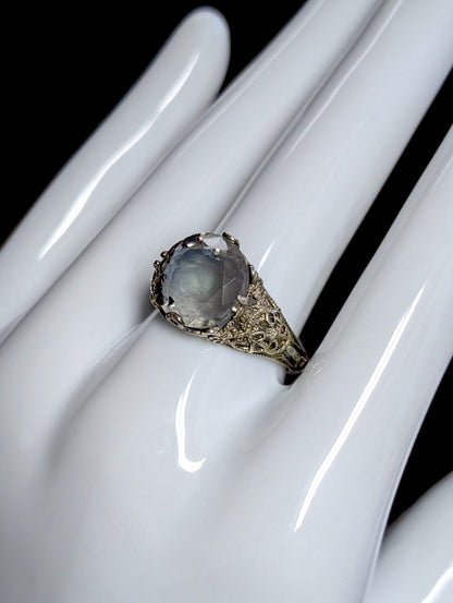 Vintage Art Deco Inspired Samuel Benham Round Cut Alexandrite Glass Antique Gold over Sterling Ring