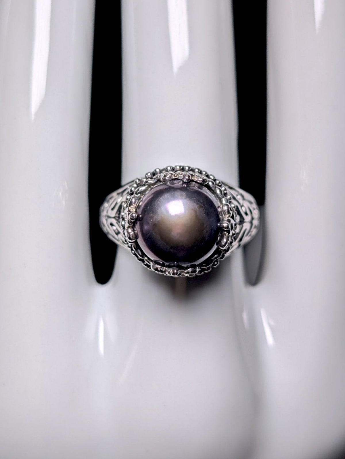 Vintage Genuine Black Pearl Sterling Silver Filigree Ring
