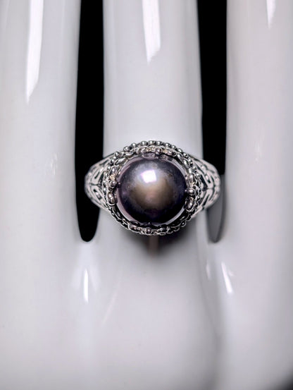 Vintage Genuine Black Pearl Sterling Silver Filigree Ring