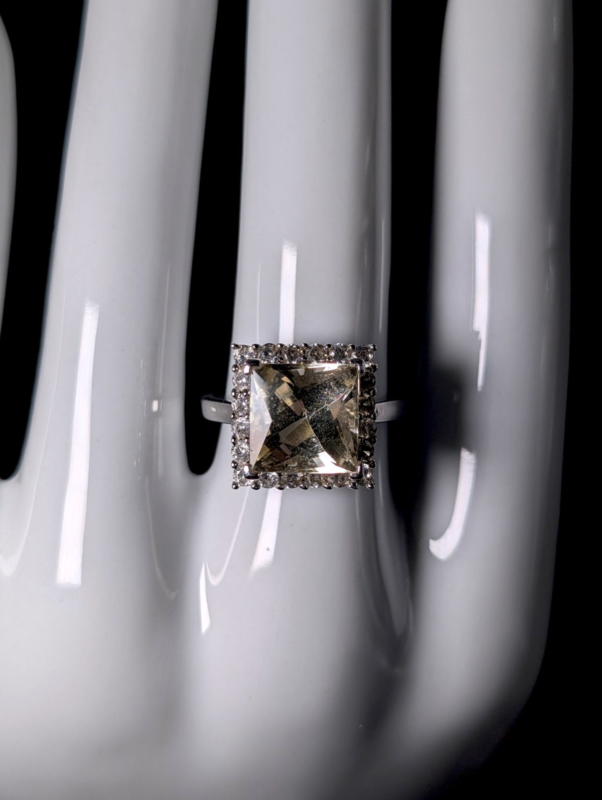 Vintage Genuine White Topaz Halo and Princess Cut Simulated Citrine Solitaire Sterling Silver Ring