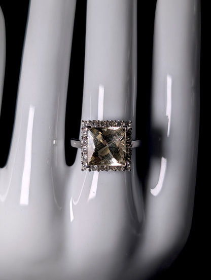 Vintage Genuine White Topaz Halo and Princess Cut Simulated Citrine Solitaire Sterling Silver Ring