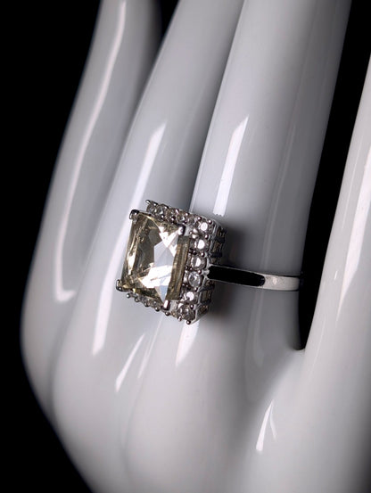 Vintage Genuine White Topaz Halo and Princess Cut Simulated Citrine Solitaire Sterling Silver Ring