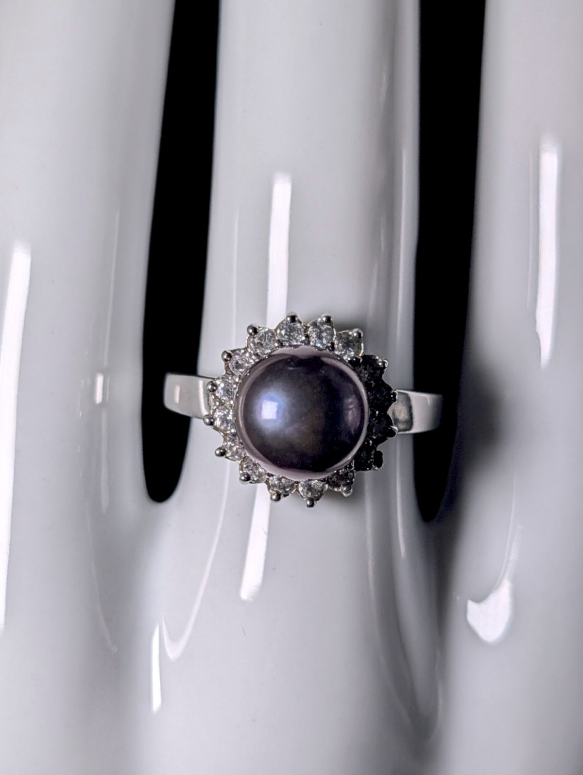 Vintage Genuine Aubergine Tahitian Pearl with Topaz Halo Sterling Silver Ring