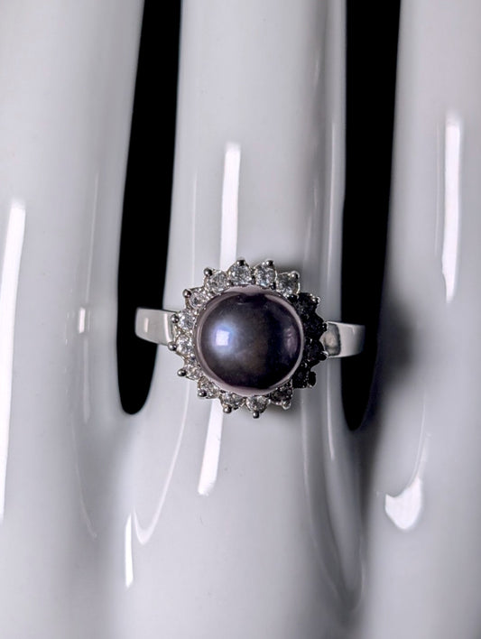Vintage Genuine Aubergine Tahitian Pearl with Topaz Halo Sterling Silver Ring
