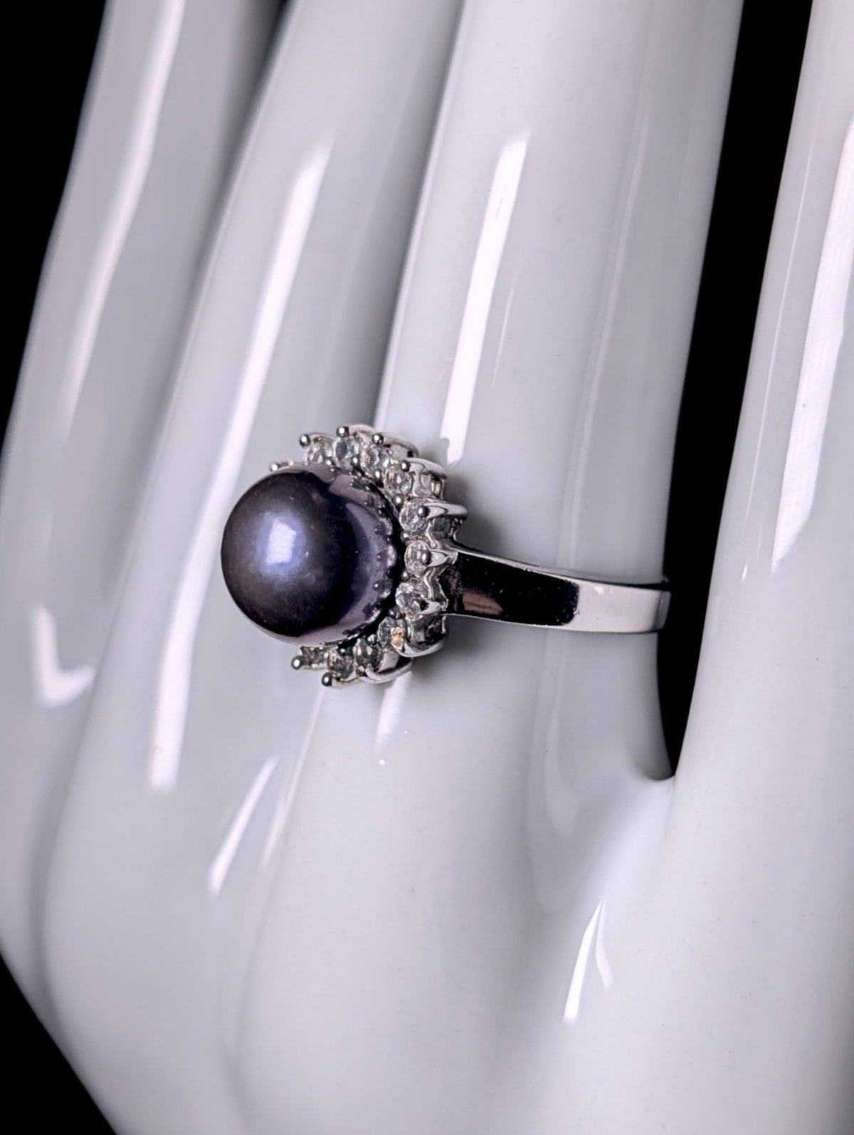 Vintage Genuine Aubergine Tahitian Pearl with Topaz Halo Sterling Silver Ring