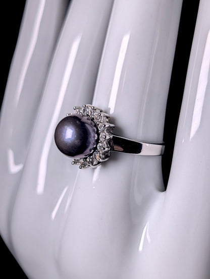 Vintage Genuine Aubergine Tahitian Pearl with Topaz Halo Sterling Silver Ring