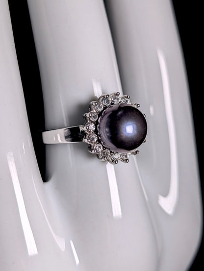 Vintage Genuine Aubergine Tahitian Pearl with Topaz Halo Sterling Silver Ring
