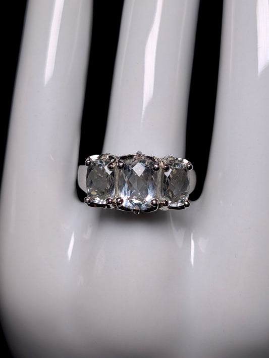 Vintage 3 Stone Checkerboard Cut Genuine Aquamarine Sterling Silver Band Ring