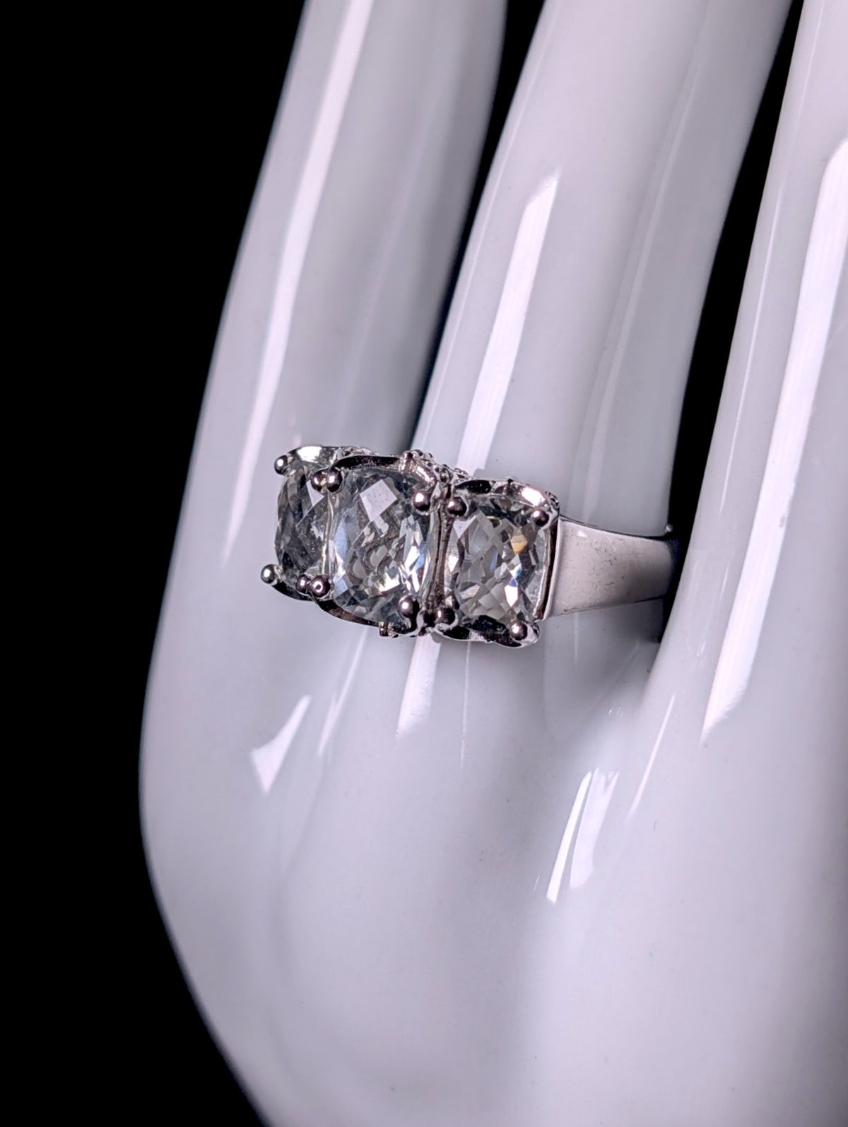 Vintage 3 Stone Checkerboard Cut Genuine Aquamarine Sterling Silver Band Ring