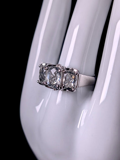 Vintage 3 Stone Checkerboard Cut Genuine Aquamarine Sterling Silver Band Ring