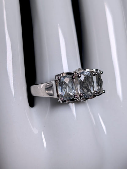 Vintage 3 Stone Checkerboard Cut Genuine Aquamarine Sterling Silver Band Ring