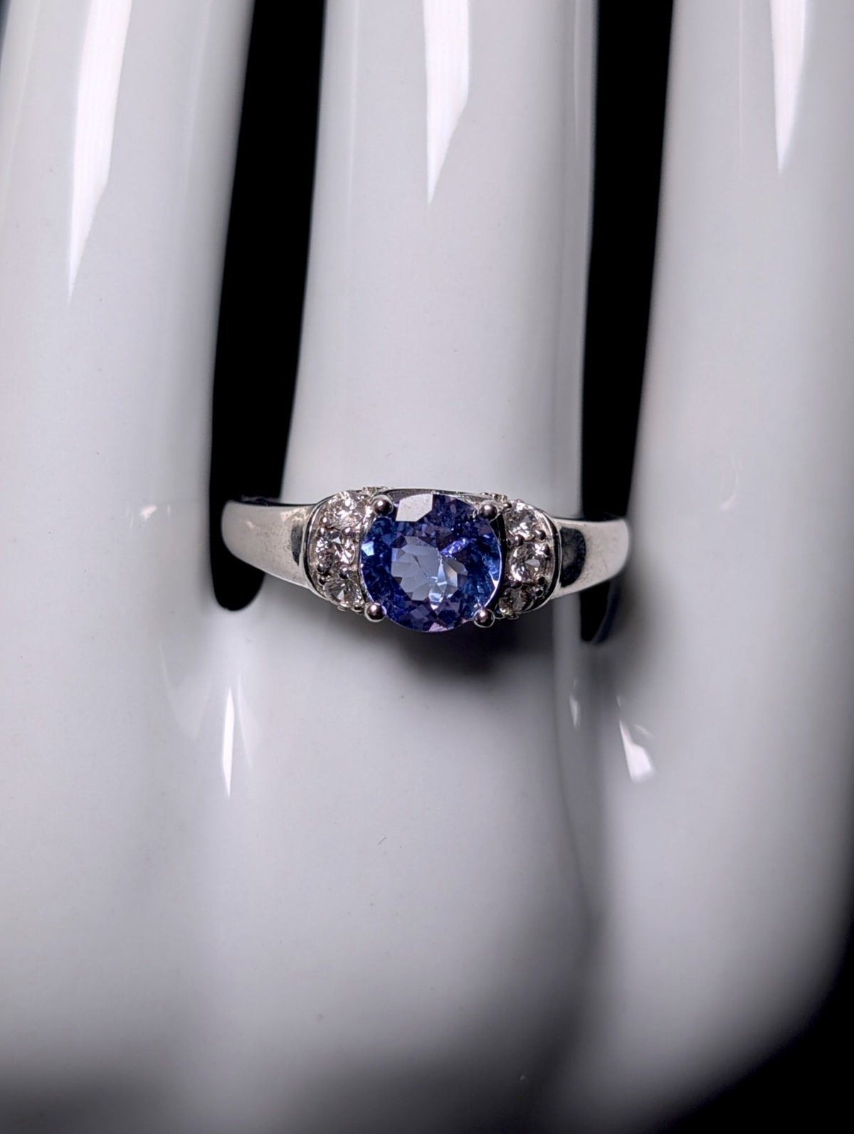 Vintage Round Cut Genuine Tanzanite Solitaire and White Zircon Sterling Silver Band Ring