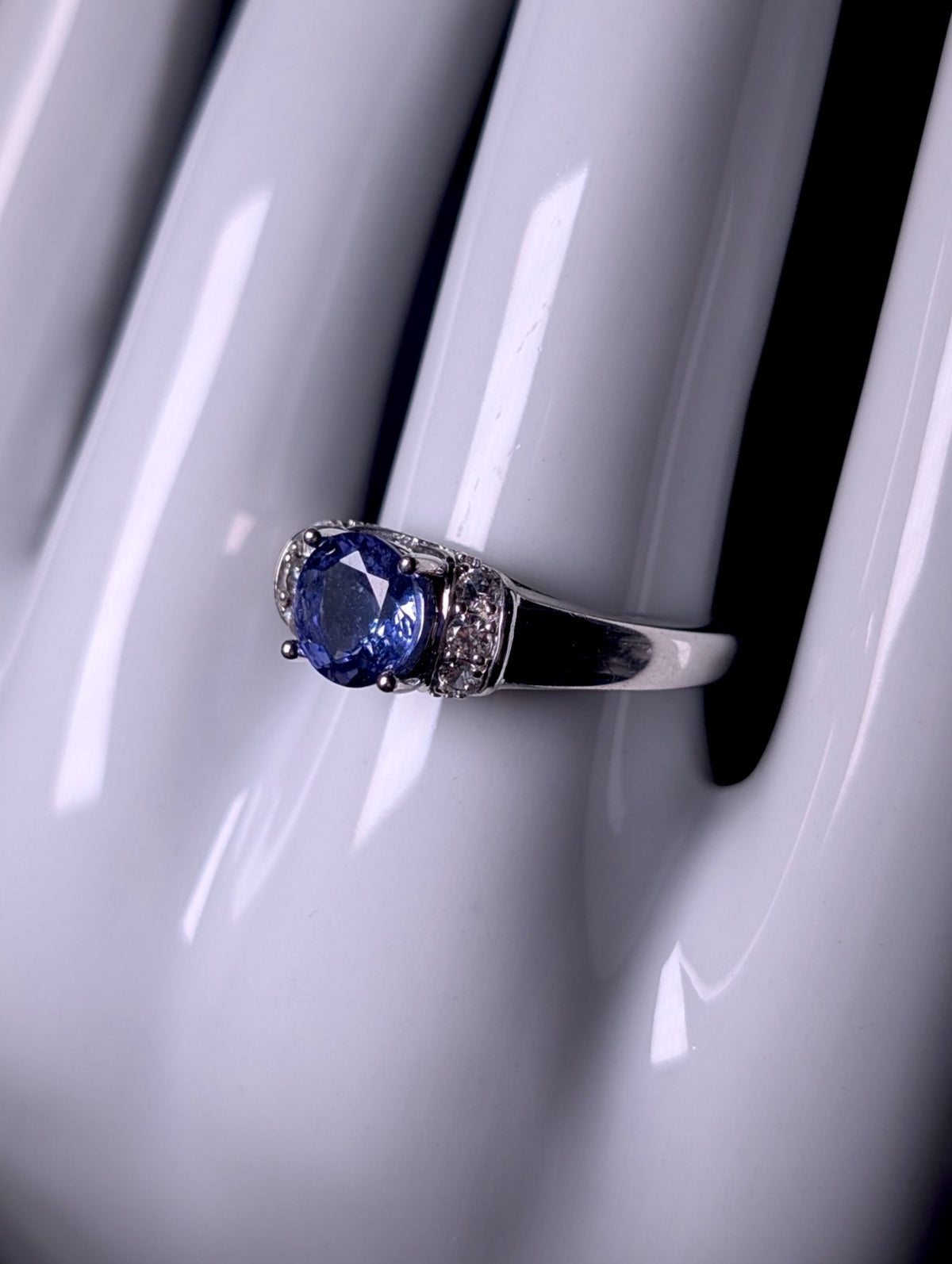 Vintage Round Cut Genuine Tanzanite Solitaire and White Zircon Sterling Silver Band Ring