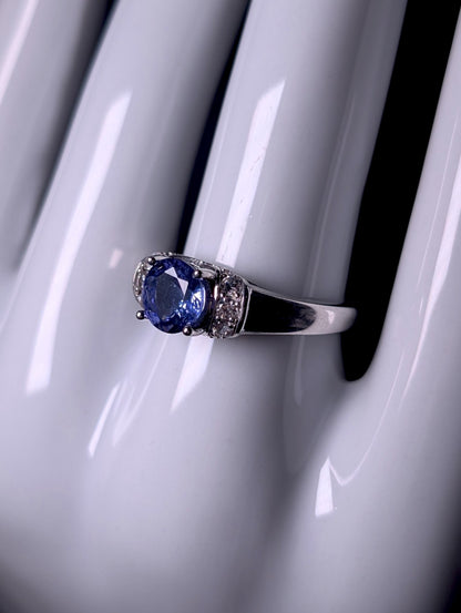 Vintage Round Cut Genuine Tanzanite Solitaire and White Zircon Sterling Silver Band Ring