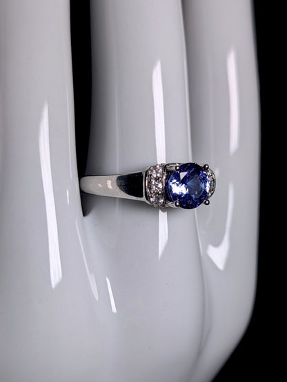 Vintage Round Cut Genuine Tanzanite Solitaire and White Zircon Sterling Silver Band Ring