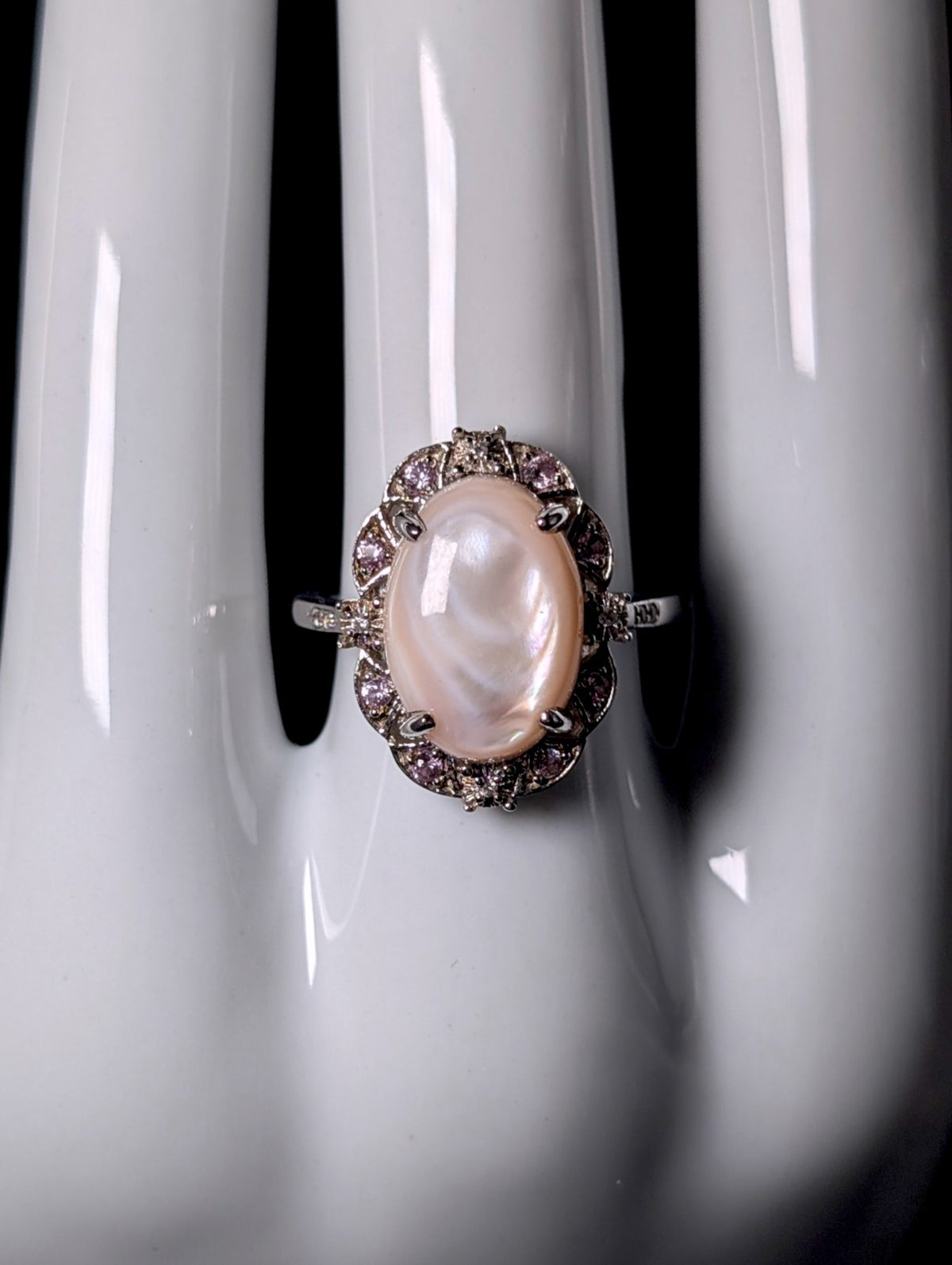 Vintage Genuine Pink Mother of Pearl, Sapphire and Zircon Halo Sterling Silver Ring