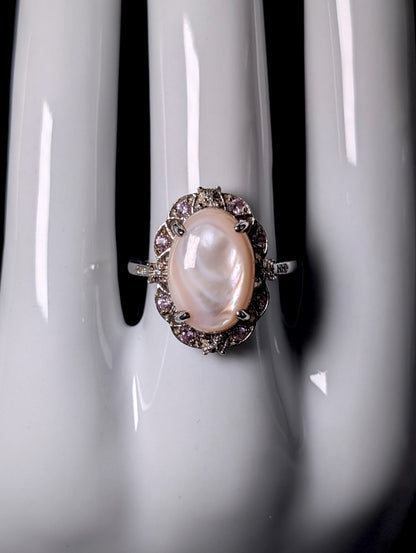 Vintage Genuine Pink Mother of Pearl, Sapphire and Zircon Halo Sterling Silver Ring