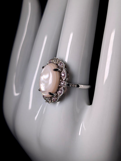 Vintage Genuine Pink Mother of Pearl, Sapphire and Zircon Halo Sterling Silver Ring