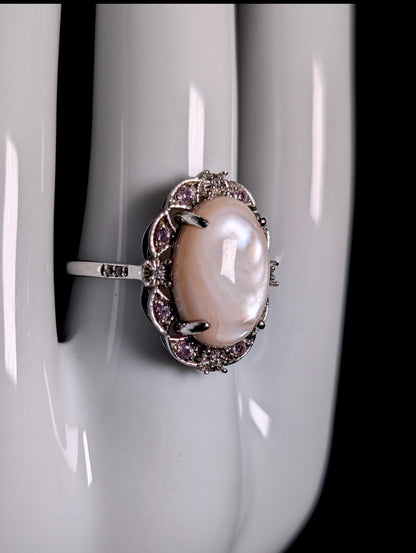 Vintage Genuine Pink Mother of Pearl, Sapphire and Zircon Halo Sterling Silver Ring