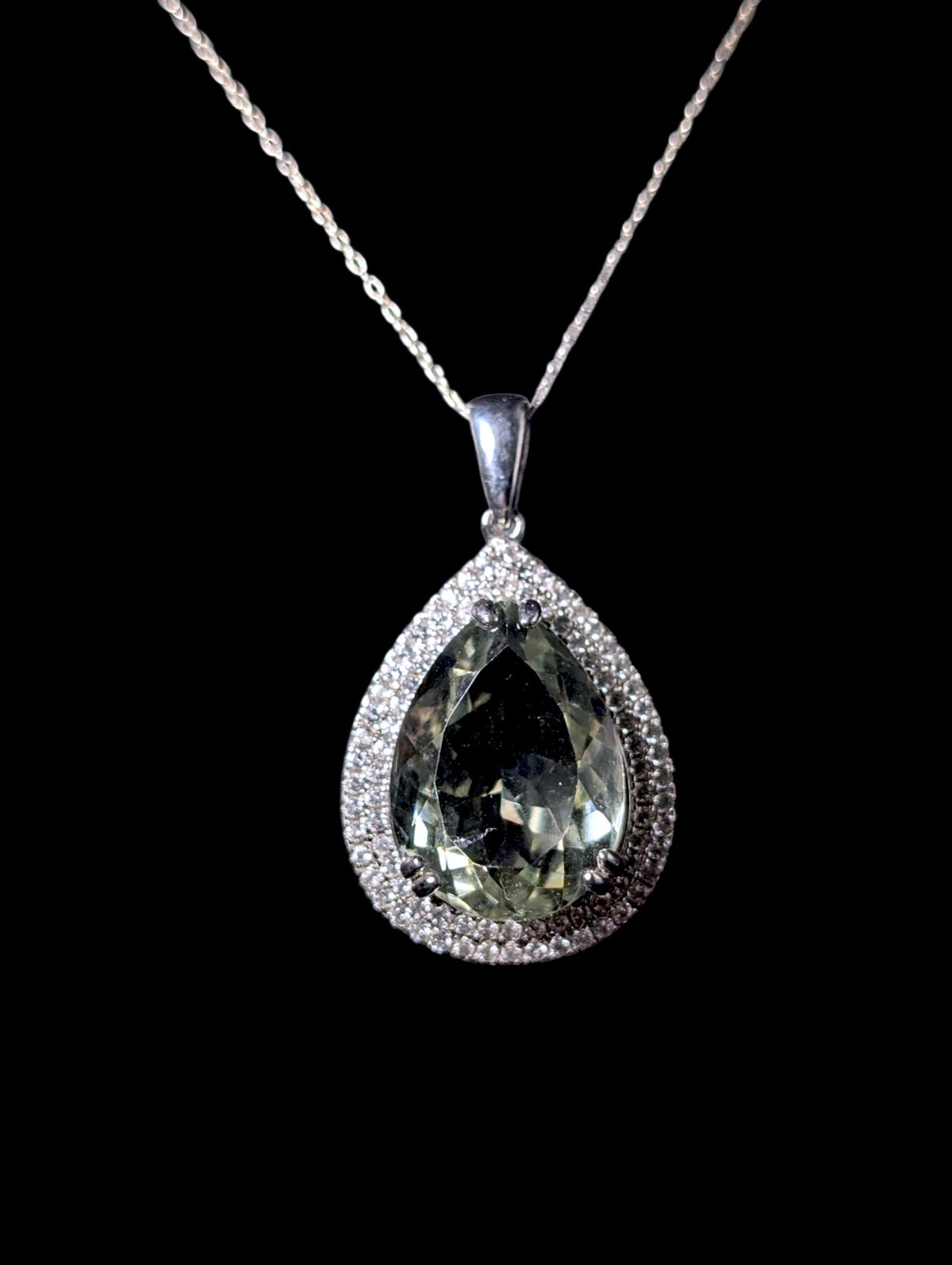 Vintage Large Pear Cut Genuine Green Amethyst and Double White Topaz Halo Sterling Silver Dangle Pendant