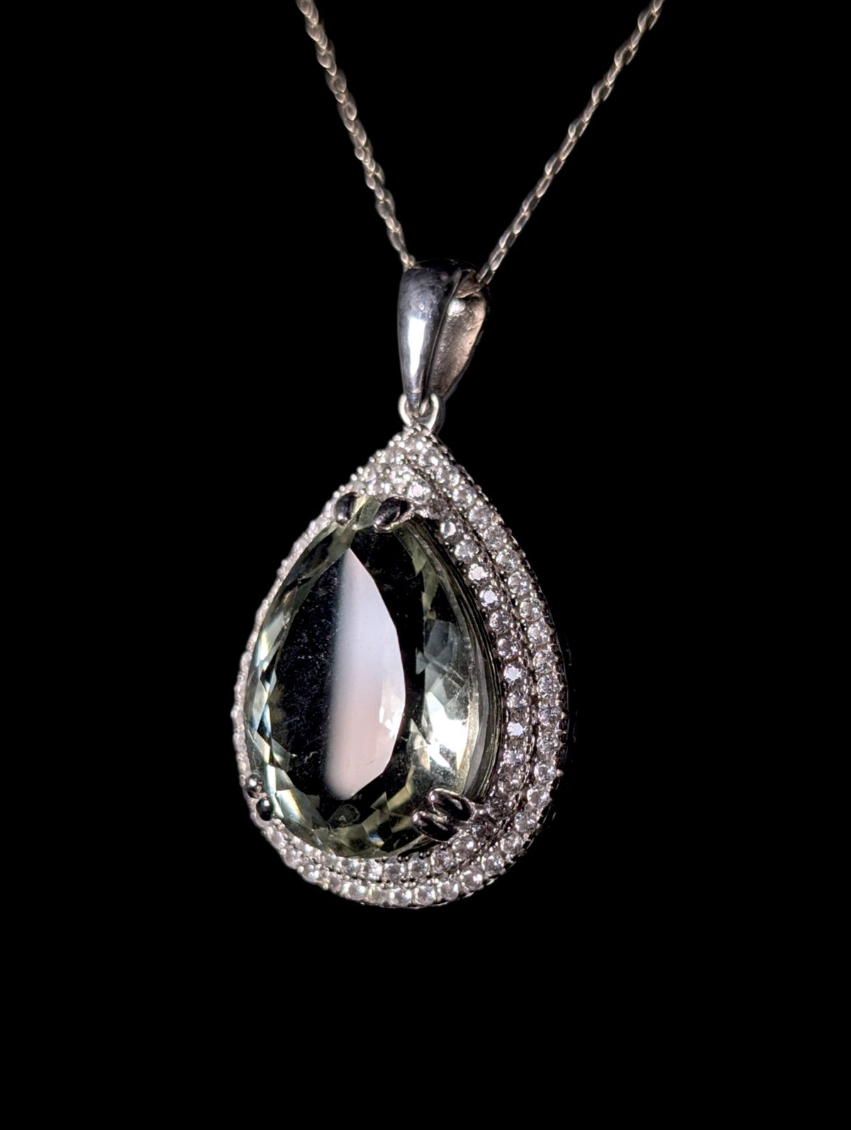 Vintage Large Pear Cut Genuine Green Amethyst and Double White Topaz Halo Sterling Silver Dangle Pendant