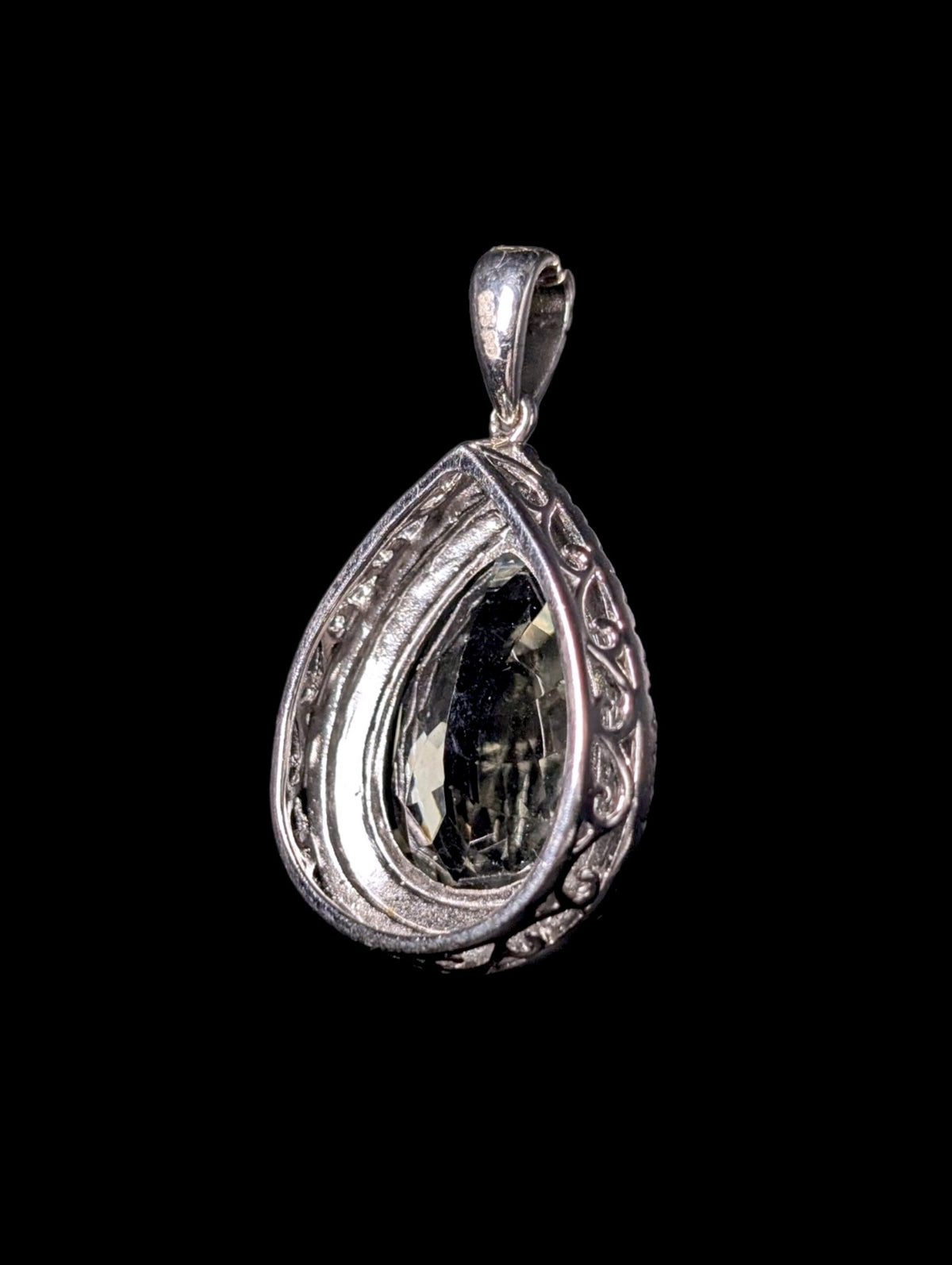 Vintage Large Pear Cut Genuine Green Amethyst and Double White Topaz Halo Sterling Silver Dangle Pendant