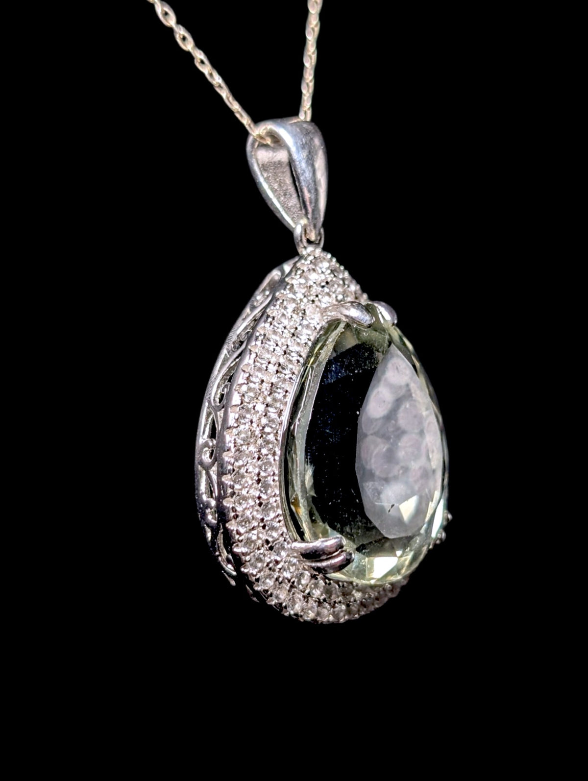 Vintage Large Pear Cut Genuine Green Amethyst and Double White Topaz Halo Sterling Silver Dangle Pendant