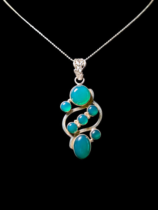 Vintage Cabochon Genuine Green Chrysoprase Pendant and Sterling Silver Chain Necklace