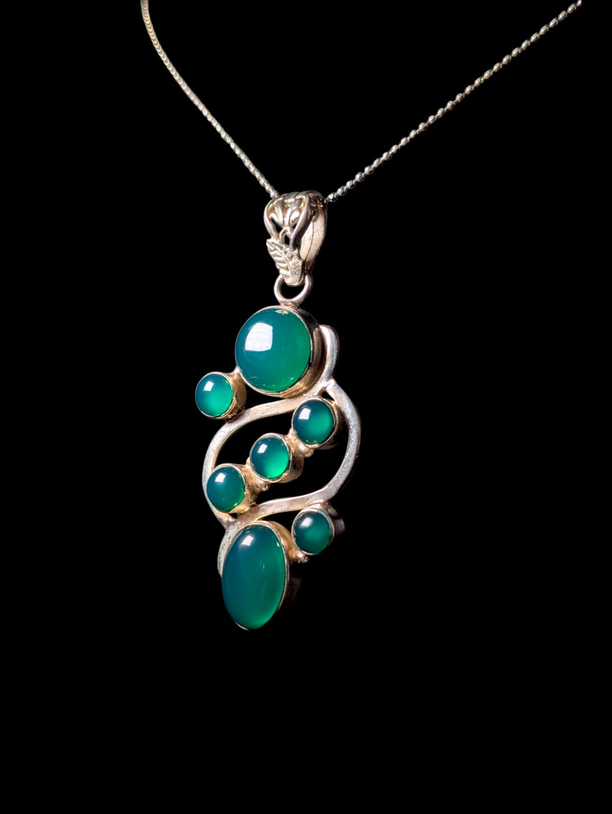 Vintage Cabochon Genuine Green Chrysoprase Pendant and Sterling Silver Chain Necklace