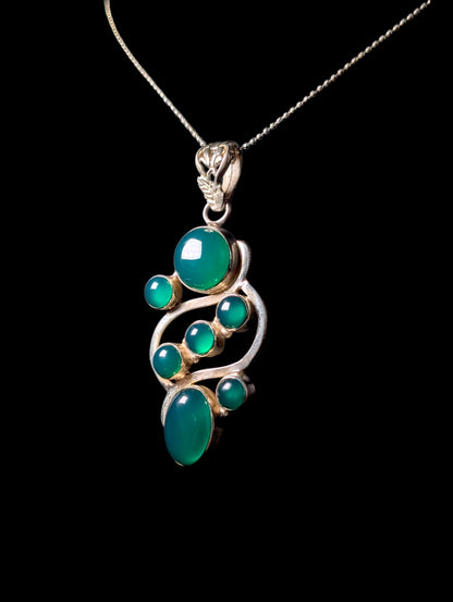 Vintage Cabochon Genuine Green Chrysoprase Pendant and Sterling Silver Chain Necklace